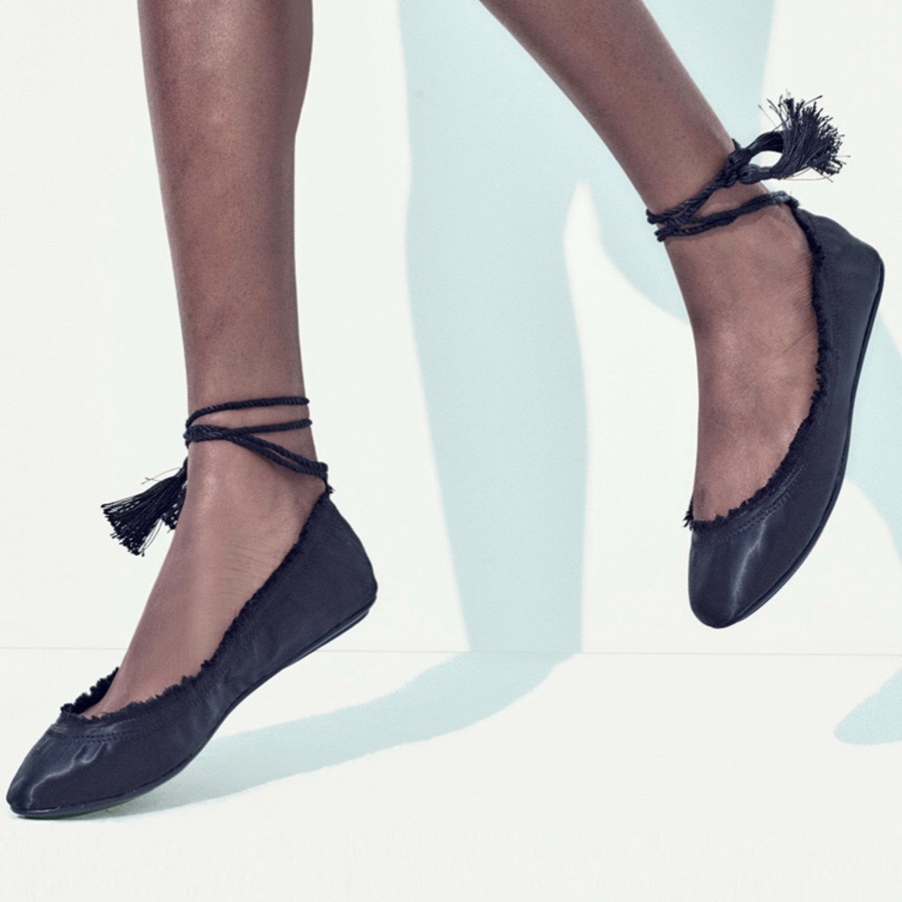 Joie Black Ankle-Tie Fringe Ballet Flats
